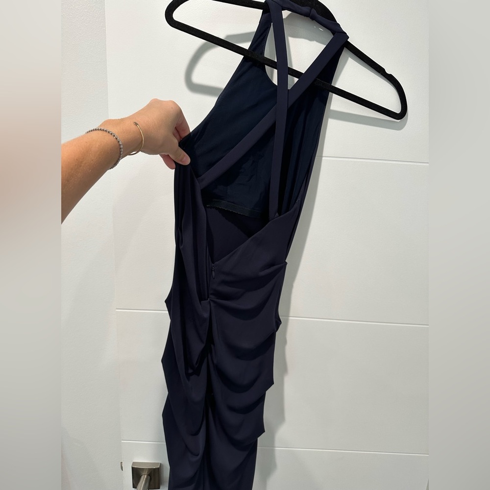 Nicole Miller Navy Gown, Tight Stretchy, Ruched Bottom, Backless Cross Straps